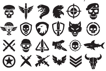 Dynamic collection of military inspired icons, including knives, skulls, wings, and various symbols representing strength, tactics, and warfare Military icon set