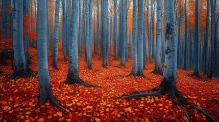 Forest scene featuring tall trees with orange leaves covering the ground during the autumn season