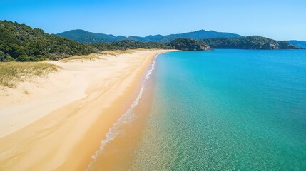Aerial view of a sandy beach with clear turquoise water and green hills in the distance on a sunny day