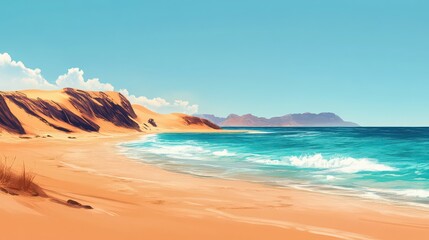 A picturesque beach scene featuring sand dunes and turquoise water under a clear blue sky on a sunny day