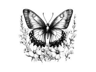 Vintage spring butterfly garden engraving, seasonal floral nature motif, hand-drawn sketch style, trendy springtime artwork, black ink illustration, old engraving design, botanical art