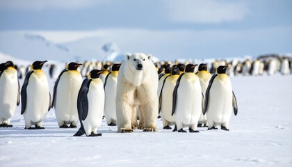 Obraz premium An Unlikely Encounter. A Polar Bear Meets a Group of Emperor Penguins in Antarctica.