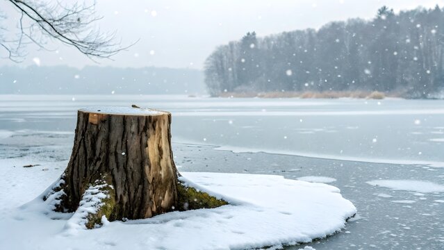 Snow-Covered Tree Stump by Frozen Lake; Serene Winter Landscape; Peaceful, Cold Atmosphere.