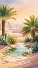 Oasis in the desert, palm trees, tranquil pool.

