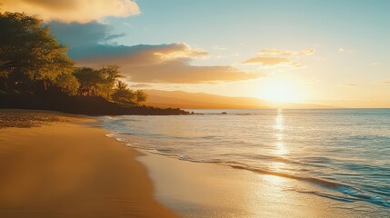A scenic beach view with golden sand, gentle waves, and a vibrant sunset illuminating the horizon