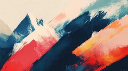 Abstract painting featuring bold brushstrokes in red blue and orange on a light background
