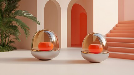 Modern Orange & Glass Domes Minimalist Interior Design