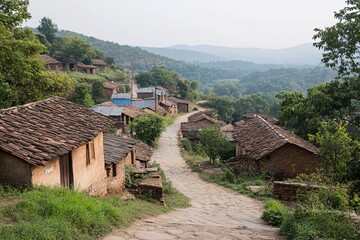 Fototapeta premium Scenic view of a serene village with rustic homes nestled in lush green hills.