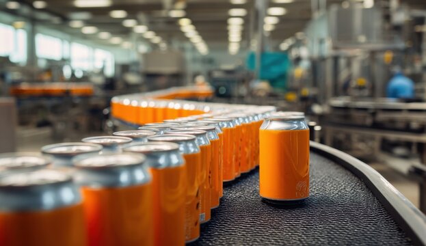 A single orange can stands out on a conveyor belt in a bustling beverage factory, ready for distribution.