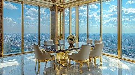 Elegant conference room with designer furniture and golden accents, panoramic windows overlooking a metropolis, perfect for luxury business presentations 