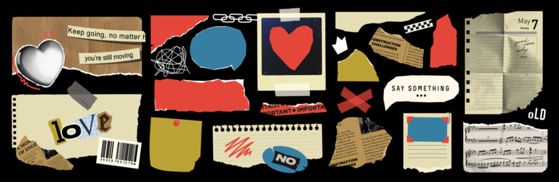 Set of vector textures of paper, old newspapers, music sheet torn into pieces. Clippings of notebook and cardboard with photo frame, barcode and stickers in retro style. Trendy scrapbook items.