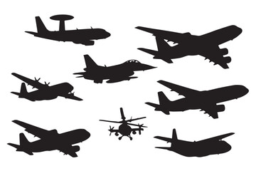 Collection of silhouetted military planes and helicopters in action, showcasing the power of air force operations with an emphasis on tactical and strategic roles Military icon set