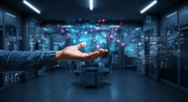 Hand Holding Glowing Network in Server Room: Data Connection Concept