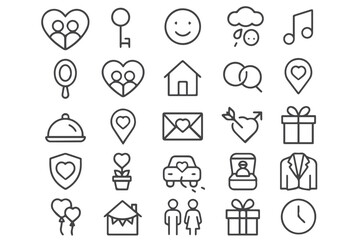 A collection of wedding related symbols, such as hearts, balloons, rings, and gifts, designed in a simple and clean line style Wedding icon set