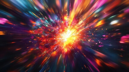 A vibrant explosion of colorful light radiating outwards in a dynamic abstract composition style