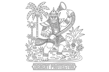 A giant, ornate figure, blowing a long horn, a desert protector.
