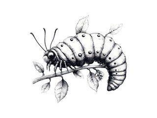 Black sketch caterpillar, vintage engraving style, retro insect drawing, seasonal garden illustration, natural decor motif, old scientific art, botanical line art, spring nature design
