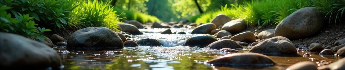 Serene stream creek flows gently over smooth stones, sunlight dappling the clear water and surrounding lush green vegetation Ideal for nature, tranquility, and environmental themes , spring, leaves
