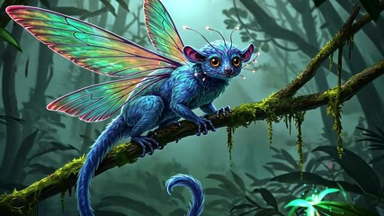 A vibrant blue creature with iridescent wings perched on a mossy branch in a lush jungle - Powered by Adobe