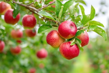 Obraz premium Fresh red apples hanging on a tree branch, surrounded by vibrant green leaves, showcasing the beauty of nature and the bounty of an orchard in a sunny environment