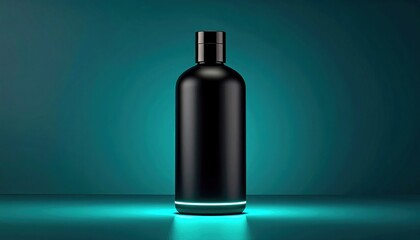 Sleek Black Bottle with Glowing Base on Teal Backdrop for Product Display
