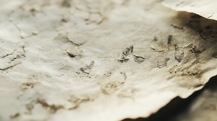 Close up of a weathered surface showing cracks and peeling with a neutral color palette and rough texture