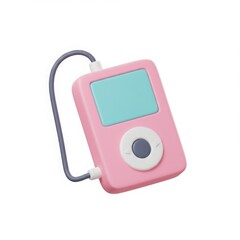 Pink portable music player with earphones. Digital audio device concept. Retro design for listening to song.