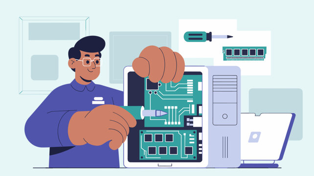 it technician repairing computer hardware, vector illustration for pc building, system maintenance and technical support service