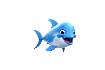 A cheerful, cartoon shark with bright blue fins and a wide, happy smile. background removed