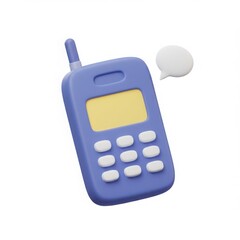 Blue mobile phone with talk bubble icon in 3d render. Retro phone for communication and old technology concept.