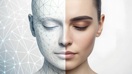 Artificial Intelligence in mental healthcare concept A digital representation contrasts a geometric face with a realistic human face, symbolizing technology and humanity.