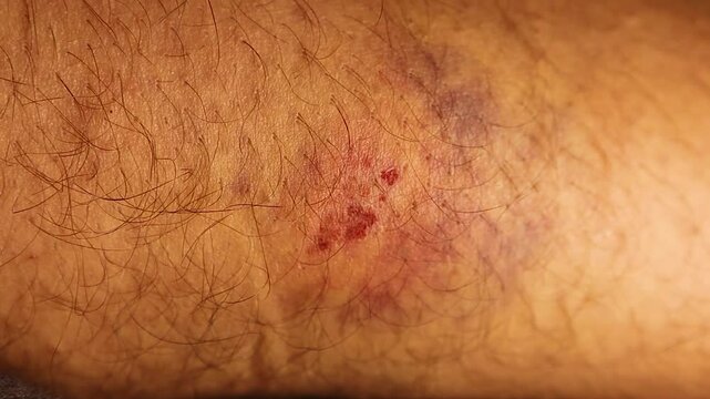 Close-up of a leg bruise and abrasion caused by a motorcycle fall. Detailed skin injury showing trauma and healing stages. Useful for medical, safety, and accident awareness content.