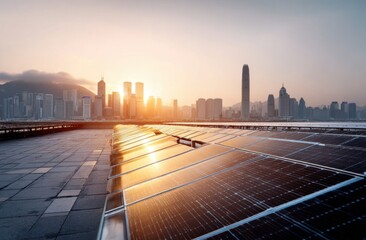 Hong Kong's skyline glows as rooftop solar panels harness the setting sun's energy.