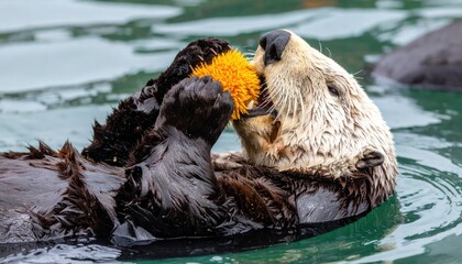 Sea otter enjoying a playful moment with a sea urchin in calm waters