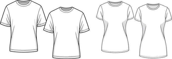  Set of Basic White T-Shirt Flat Fashion Sketches, Unisex and Women's Apparel Design Templates for Customization