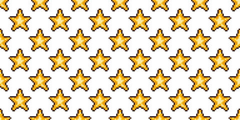 Seamless pixel pattern of golden five-pointed stars on a white background. Retro 8-bit style perfect for summer, gaming, holiday wrapping, kids crafts, digital papers, and nostalgic projects.