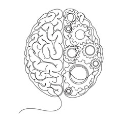 Black and white line art of a human brain with gears