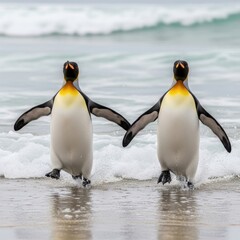 Obraz premium Two King Penguins Walking Together in Ocean Waves on Sandy Beach