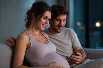 Obraz premium Joyful Pregnant Couple Relaxing at Home Using Smartphone Together