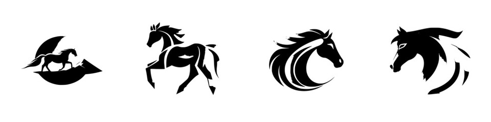 Artistic black icons showcasing various horse silhouettes in dynamic poses against a minimalist background