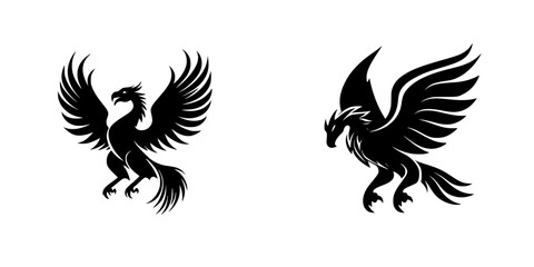 Fototapeta premium Black icons of mythical creatures featuring soaring designs for creative projects and branding applications