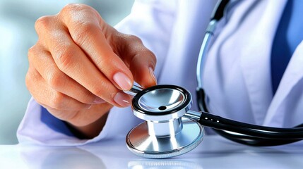 A doctors hand holding a stethoscope close up