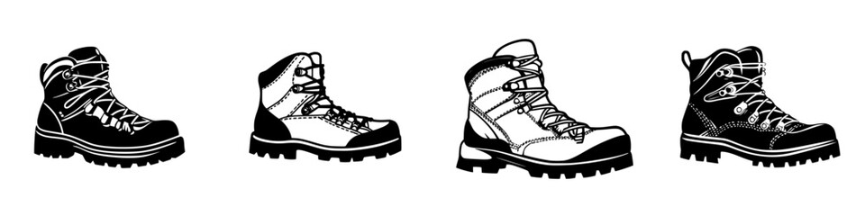 Diverse black hiking boot icons showcasing different styles and designs suitable for outdoor adventures and exploration