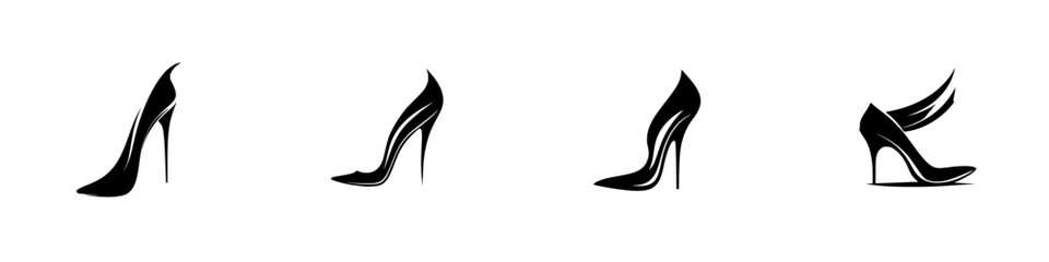 Fototapeta premium Stylish black high heel icons showcasing different designs and angles on a clean white background