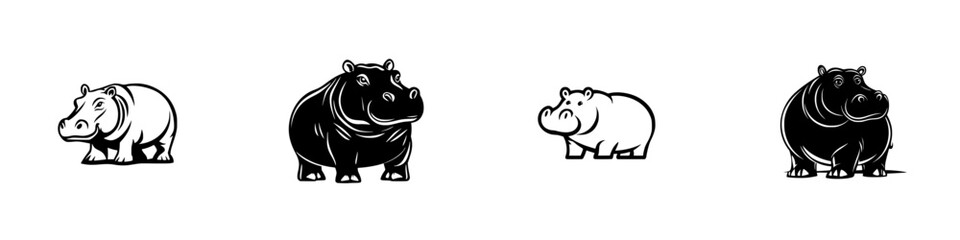 Obraz premium Stylized black and white hippo icons showcasing different designs and postures in a minimalist style