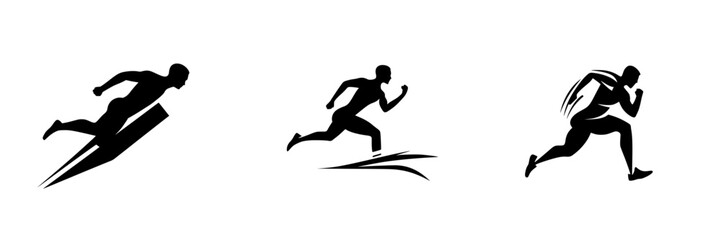 Fototapeta premium Stylized black icons depicting silhouettes of athletes in various running poses, showcasing dynamic movement and athleticism