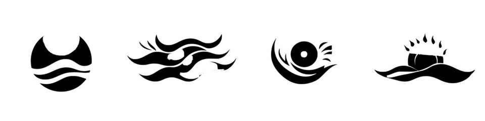 Obraz premium Black icons representing various aquatic themes and activities in a minimalist design style suitable for branding or artistic projects