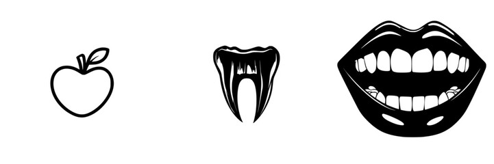 Icons representing an apple, fangs, and a mouth with exposed teeth in a minimalistic black design