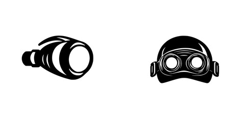 Black icon set featuring a flashlight and a helmet with goggles