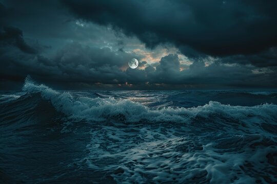 Full moon in the sky over the sea with waves at night. Neural network ai generated